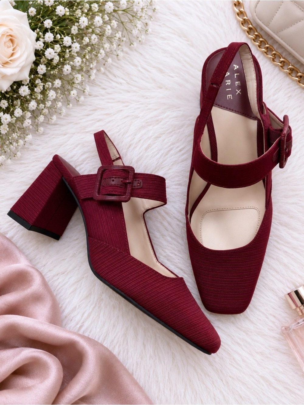 Retro Mod Burgundy Textured Mary Jane Block Heels
